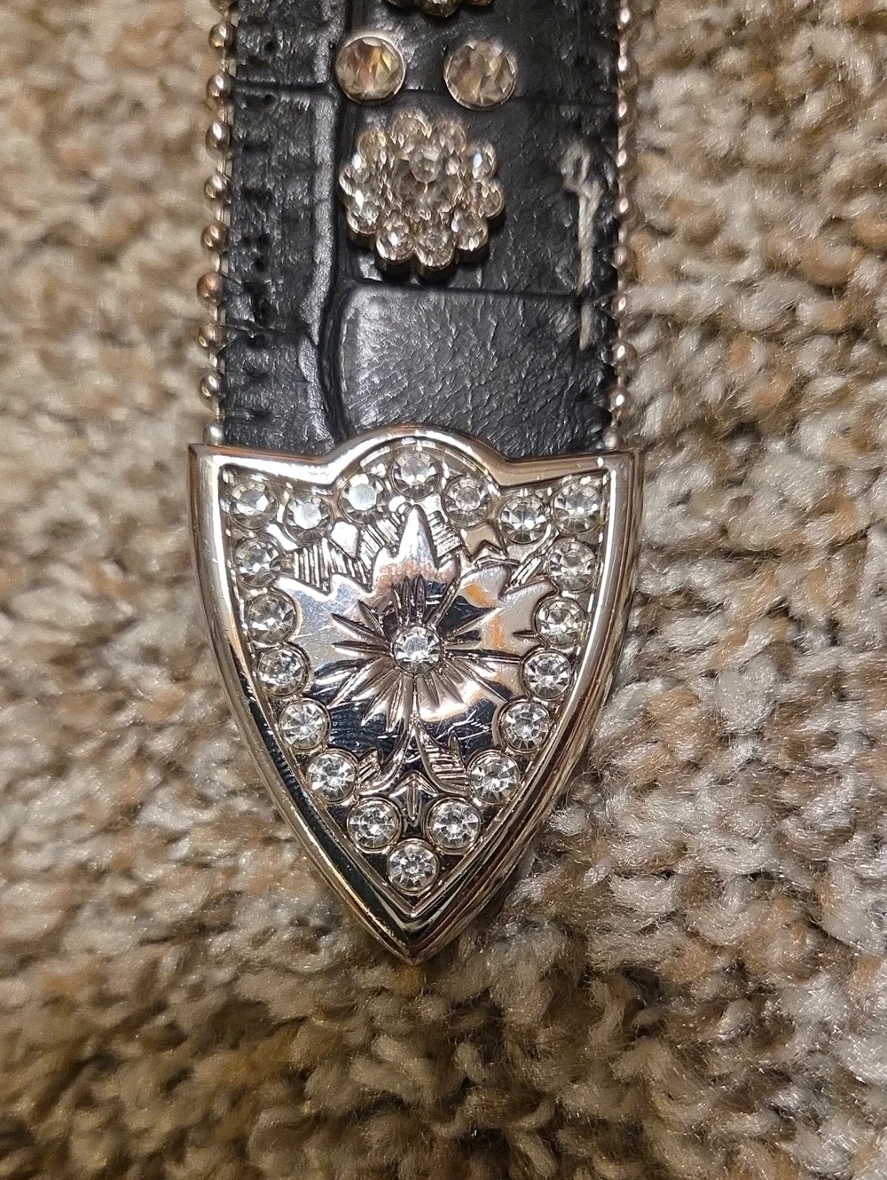 Black Western Belt with Rhinestone Floral Details and Silver Buckle